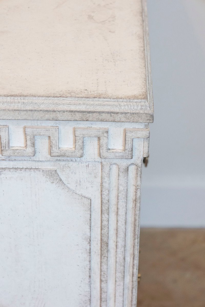 Gustavian Style 19th Century Painted Swedish Chests with Carved Greek Key Frieze - JAA