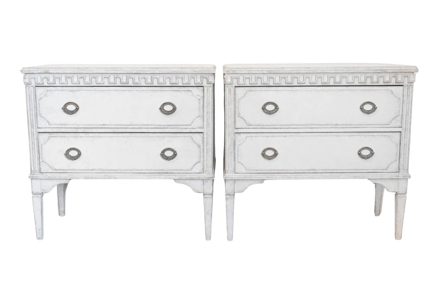 Gustavian Style 19th Century Painted Swedish Chests with Carved Greek Key Frieze