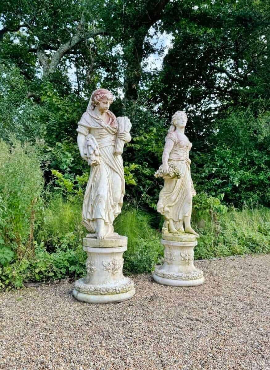English 20th Century Pair of Large Cast-Stone Maiden Garden Figures with Weathered Patinas - Priced Individually - JAA