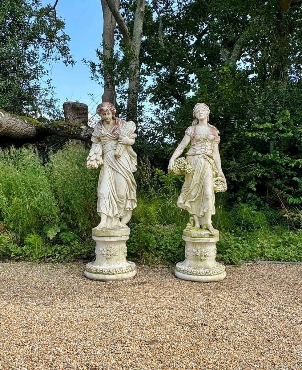 English 20th Century Pair of Large Cast-Stone Maiden Garden Figures with Weathered Patinas - Priced Individually - JAA