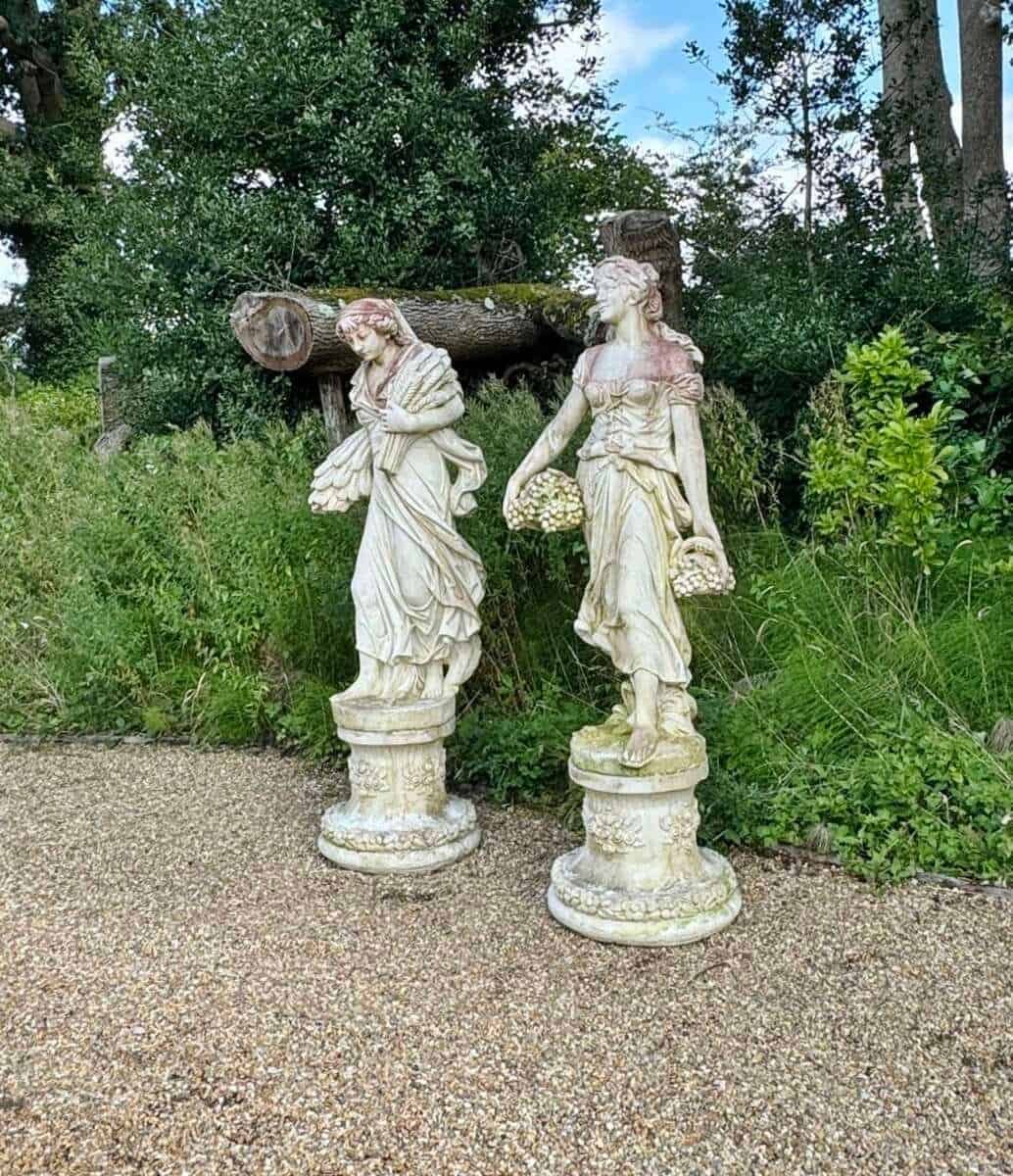 English 20th Century Pair of Large Cast-Stone Maiden Garden Figures with Weathered Patinas - Priced Individually - JAA