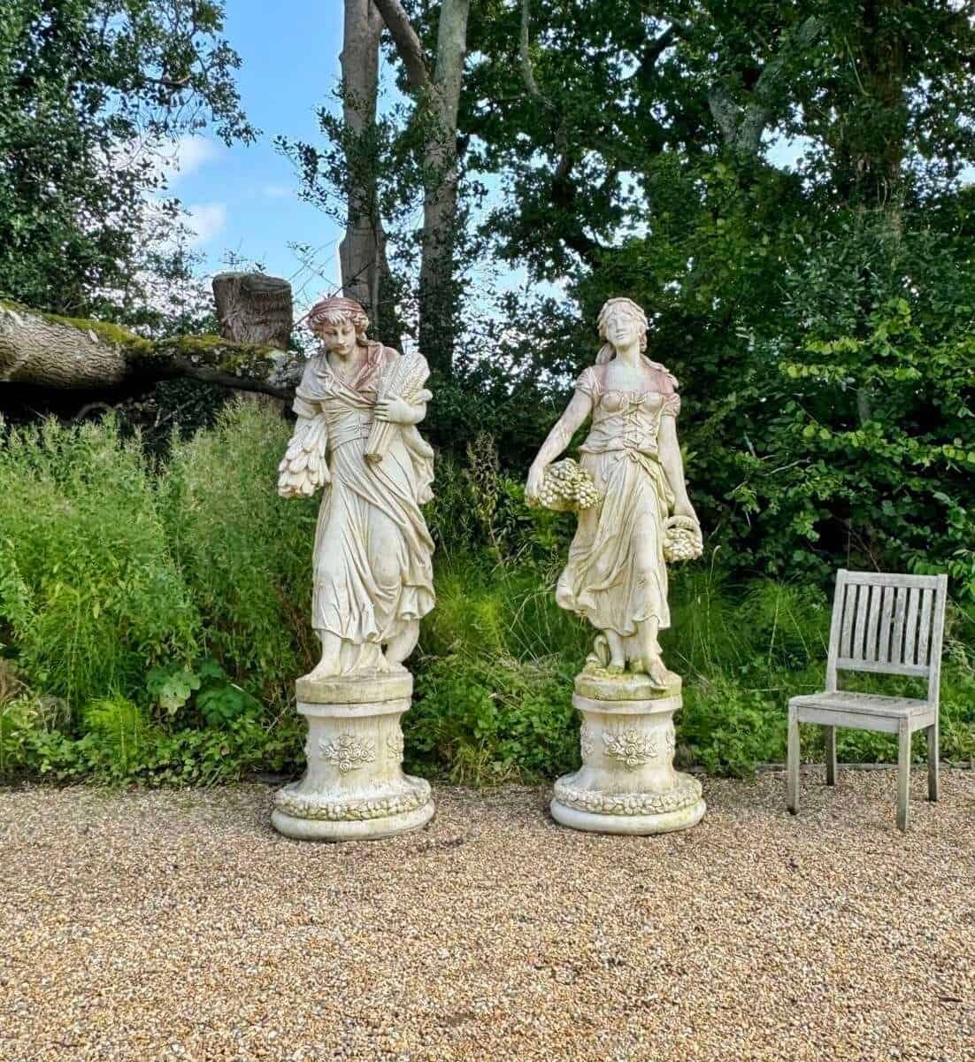 English 20th Century Pair of Large Cast-Stone Maiden Garden Figures with Weathered Patinas - Priced Individually - JAA