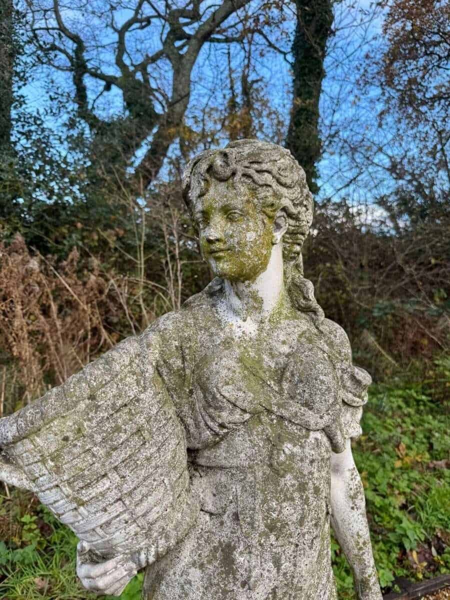 English Late 20th Century Composite Stone Garden Figure with Basket and Weathered Patina - JAA