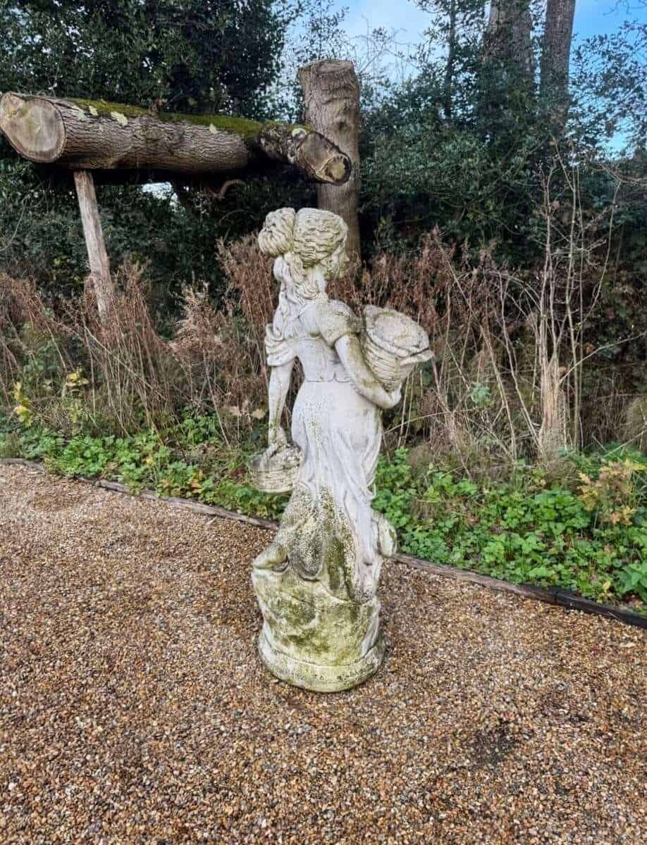English Late 20th Century Composite Stone Garden Figure with Basket and Weathered Patina - JAA