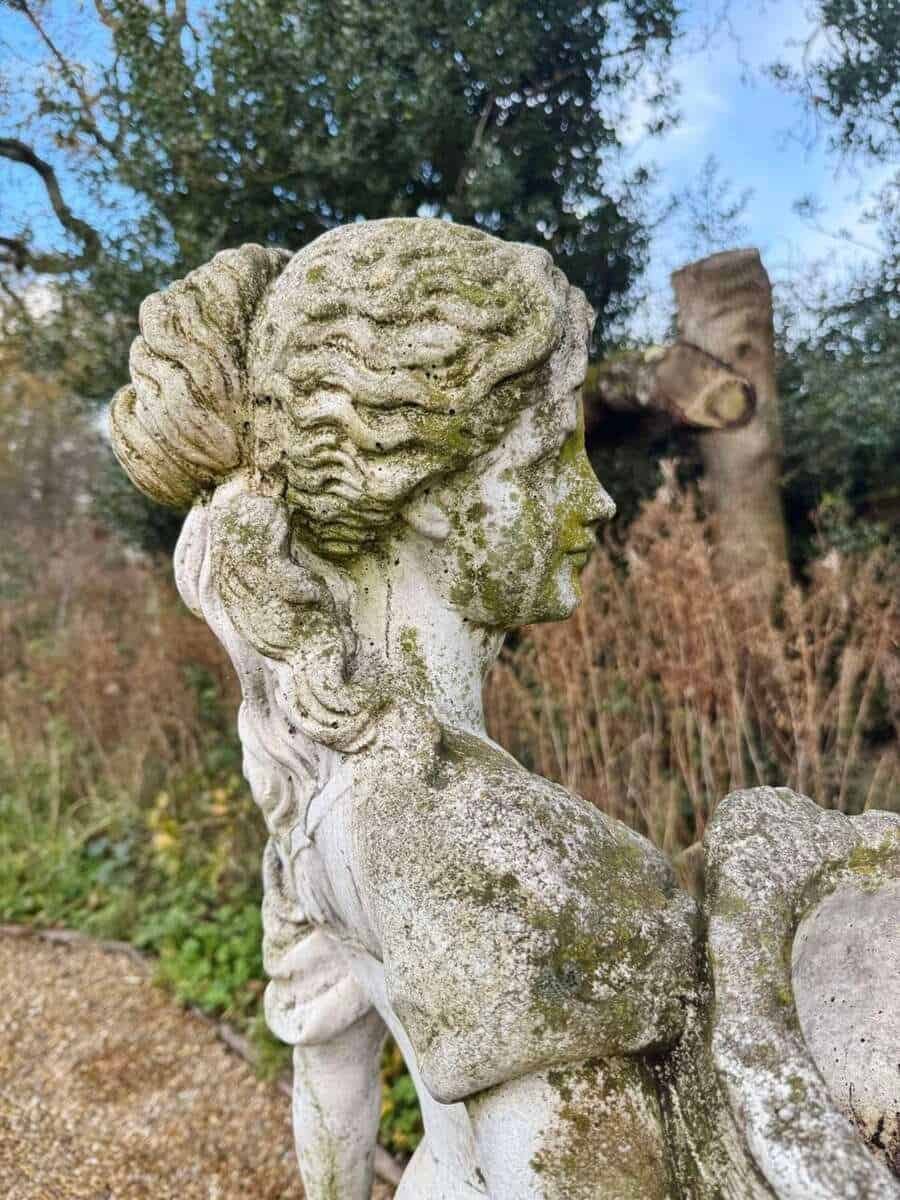 English Late 20th Century Composite Stone Garden Figure with Basket and Weathered Patina - JAA