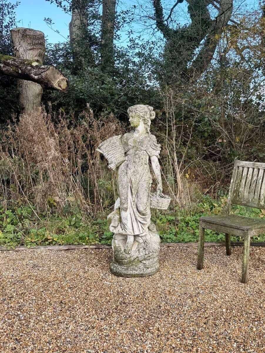 English Late 20th Century Composite Stone Garden Figure with Basket and Weathered Patina - JAA