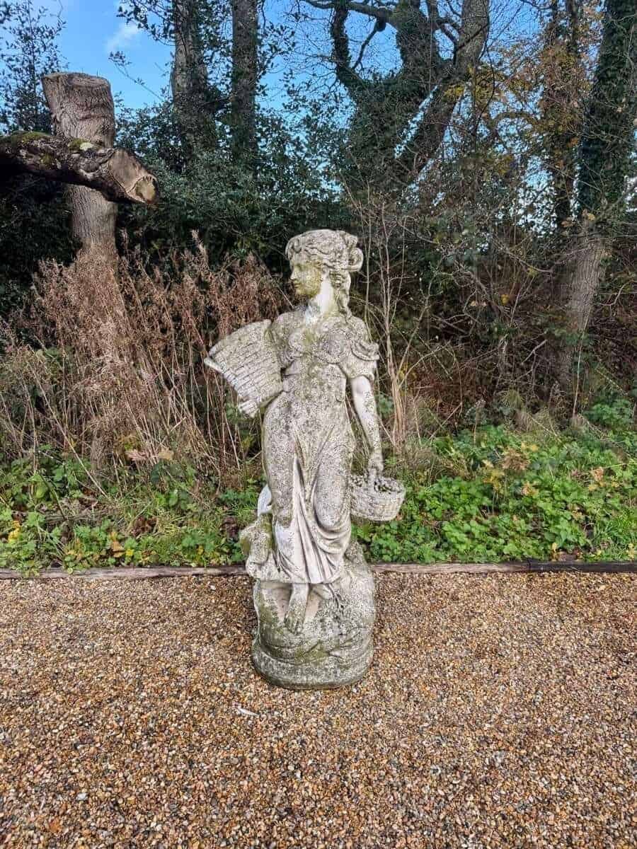 English Late 20th Century Composite Stone Garden Figure with Basket and Weathered Patina - JAA