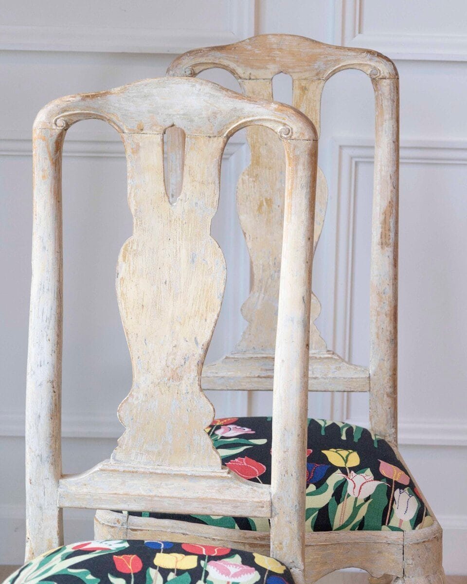 Pair of Swedish Rococo Period 18th Century Side Chairs with Carved Splats - JAA