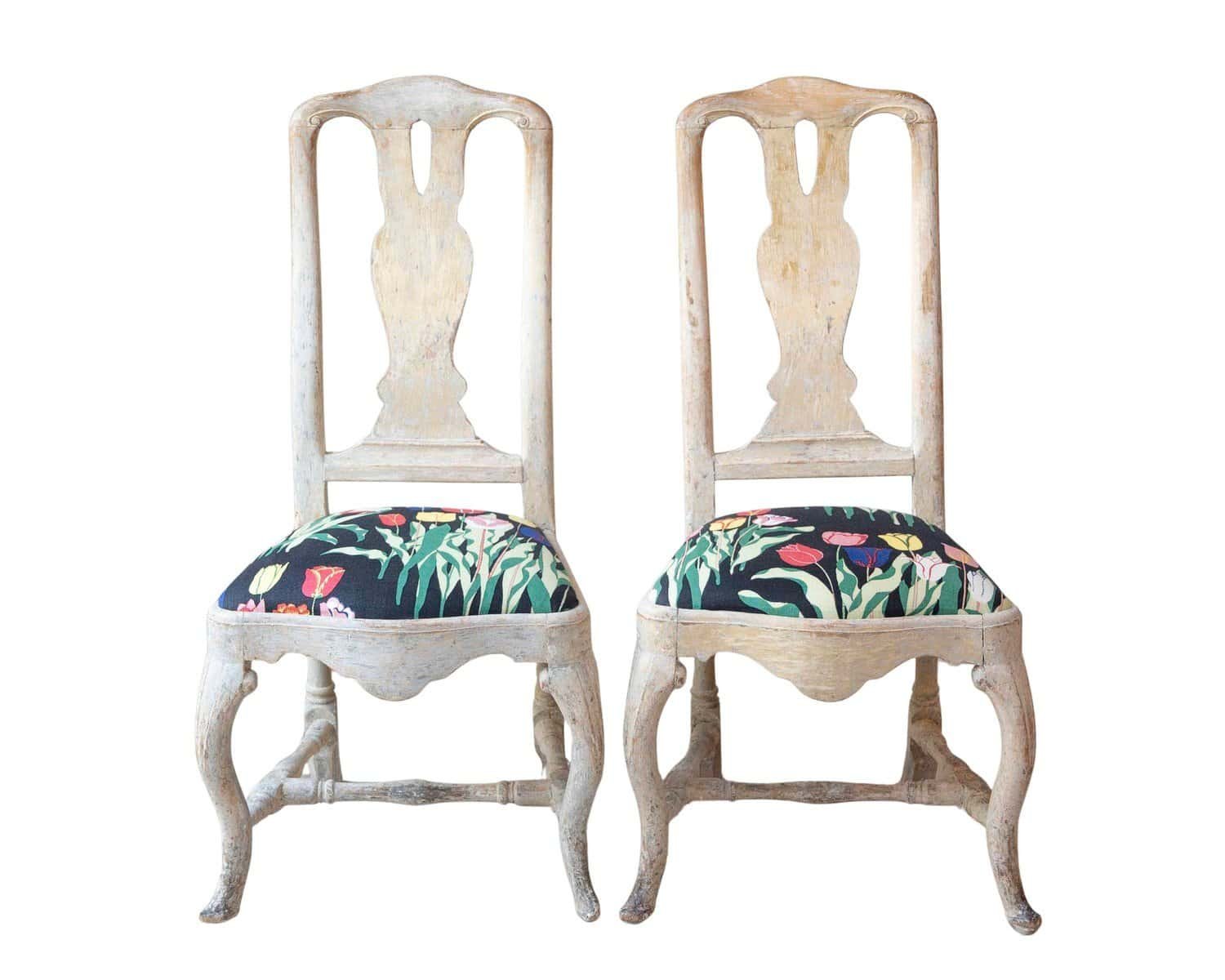 Pair of Swedish Rococo Period 18th Century Side Chairs with Carved Splats