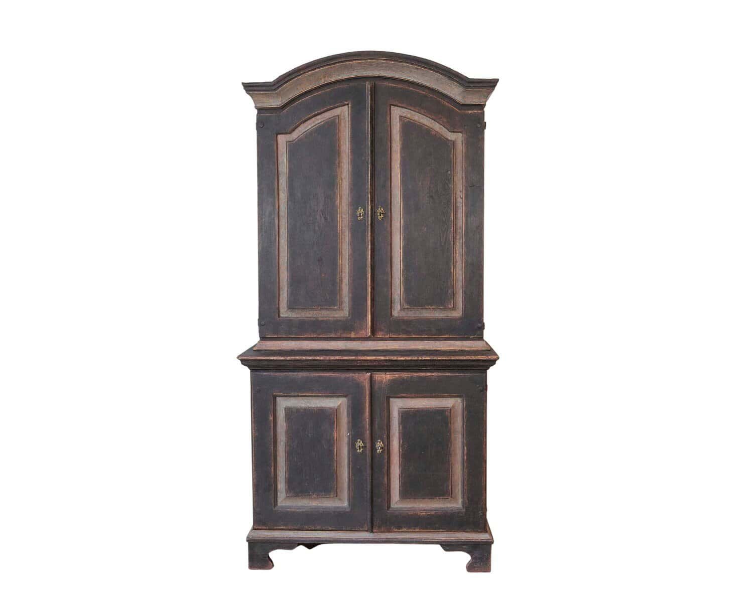 An antique Swedish two-piece cupboard in black and grey.