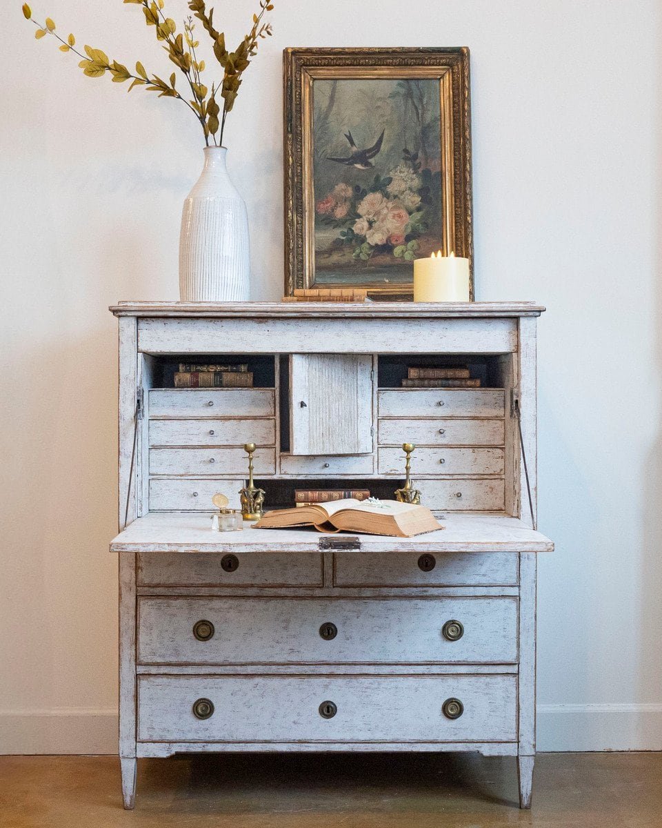 1780s Gustavian Period Swedish Grey Painted Drop-Front Secretary with Drawers - JAA