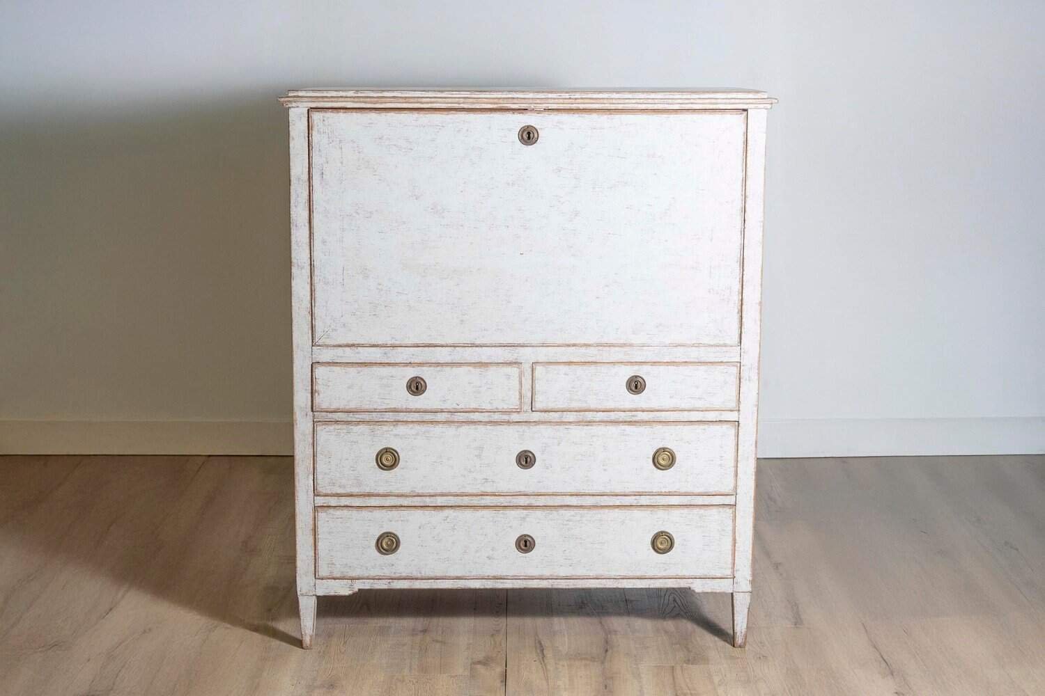 1780s Gustavian Period Swedish Grey Painted Drop-Front Secretary with Drawers - JAA