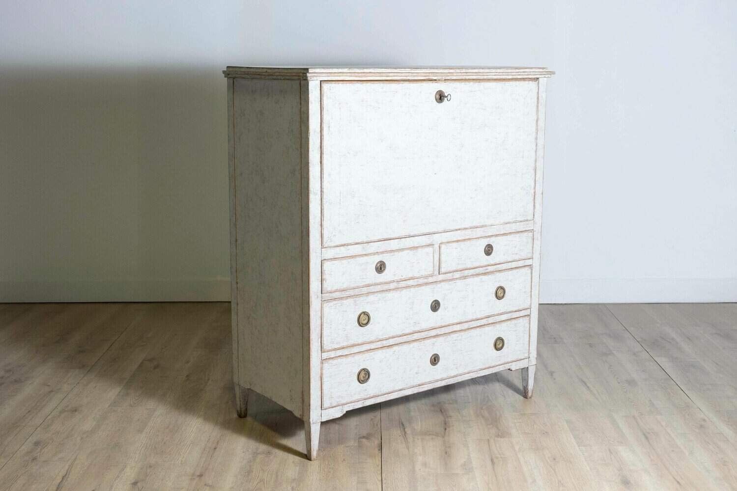 1780s Gustavian Period Swedish Grey Painted Drop-Front Secretary with Drawers - JAA