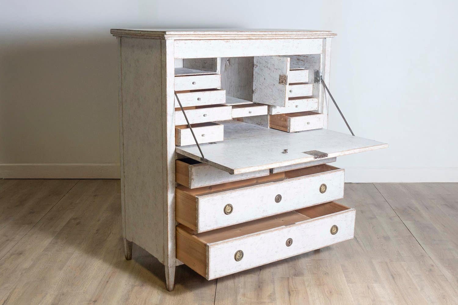 1780s Gustavian Period Swedish Grey Painted Drop-Front Secretary with Drawers - JAA