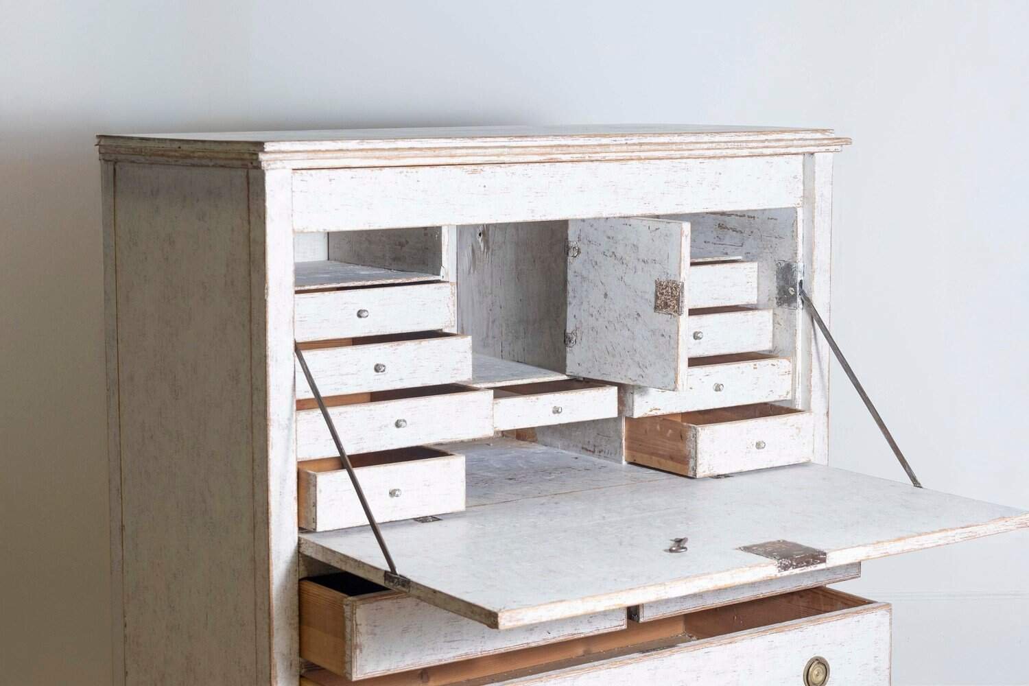 1780s Gustavian Period Swedish Grey Painted Drop-Front Secretary with Drawers - JAA