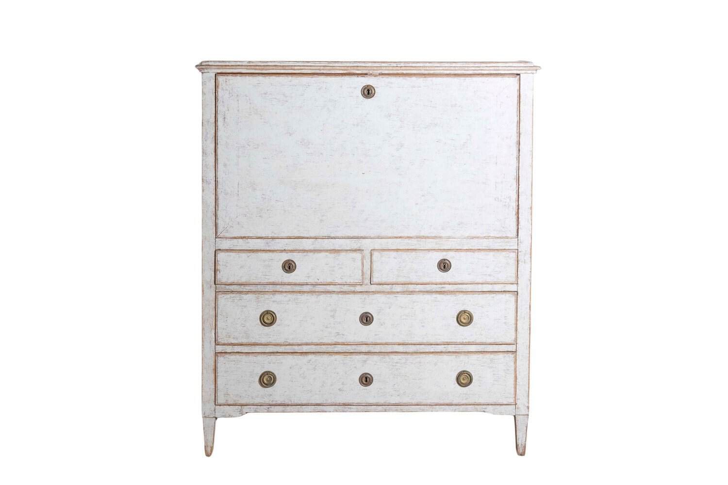 1780s Gustavian Period Swedish Grey Painted Drop-Front Secretary with Drawers