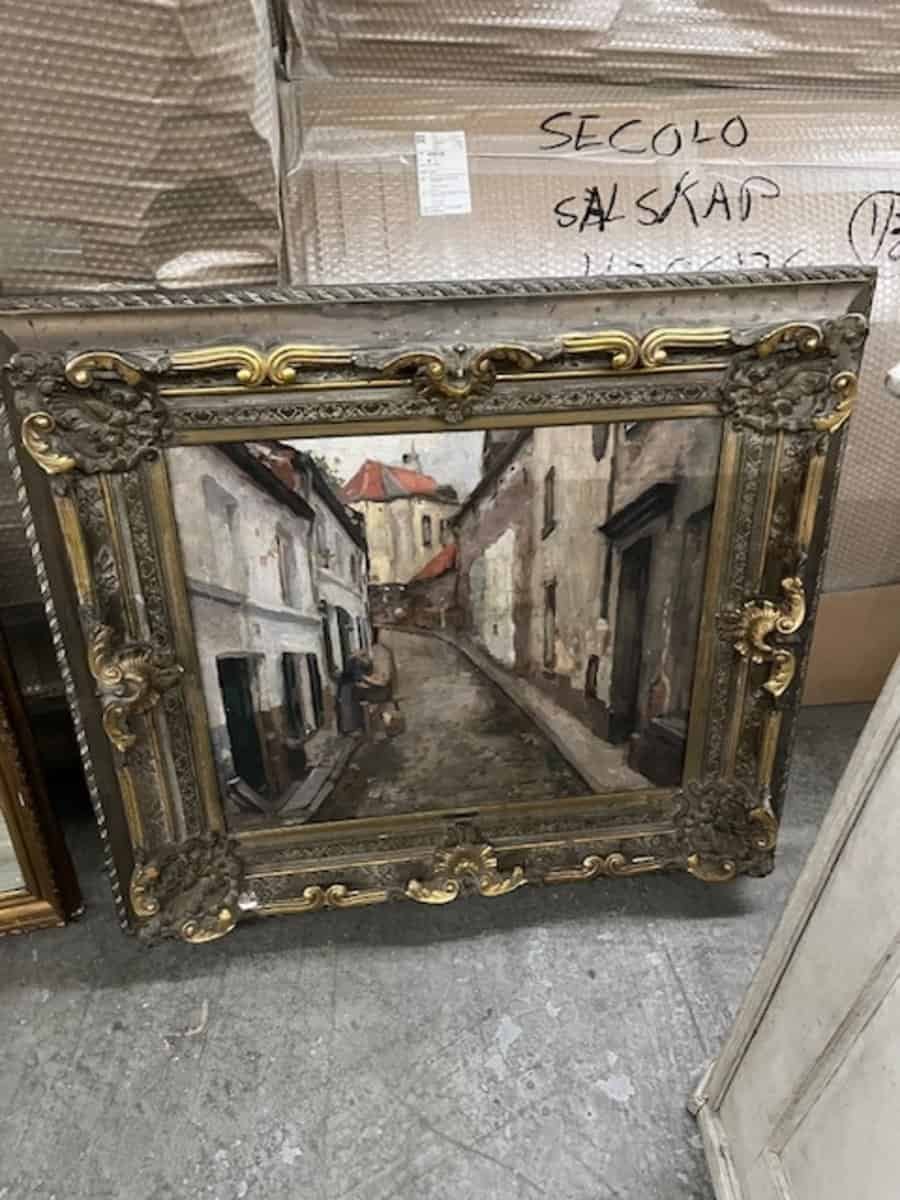 European Old Town Street Scene with Figure, Oil Painting in Ornate Gilt Frame - JAA