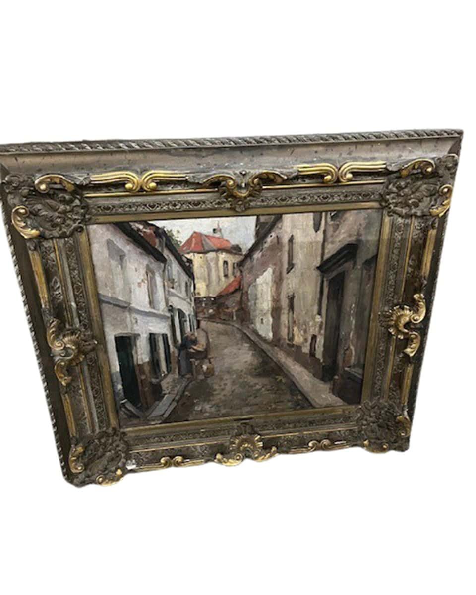 European Old Town Street Scene with Figure, Oil Painting in Ornate Gilt Frame - JAA