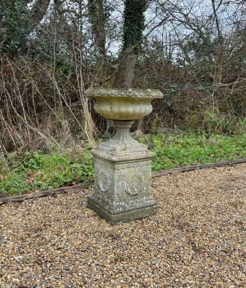 European 20th Century Weathered Stone Garden Urn on Pedestal - JAA