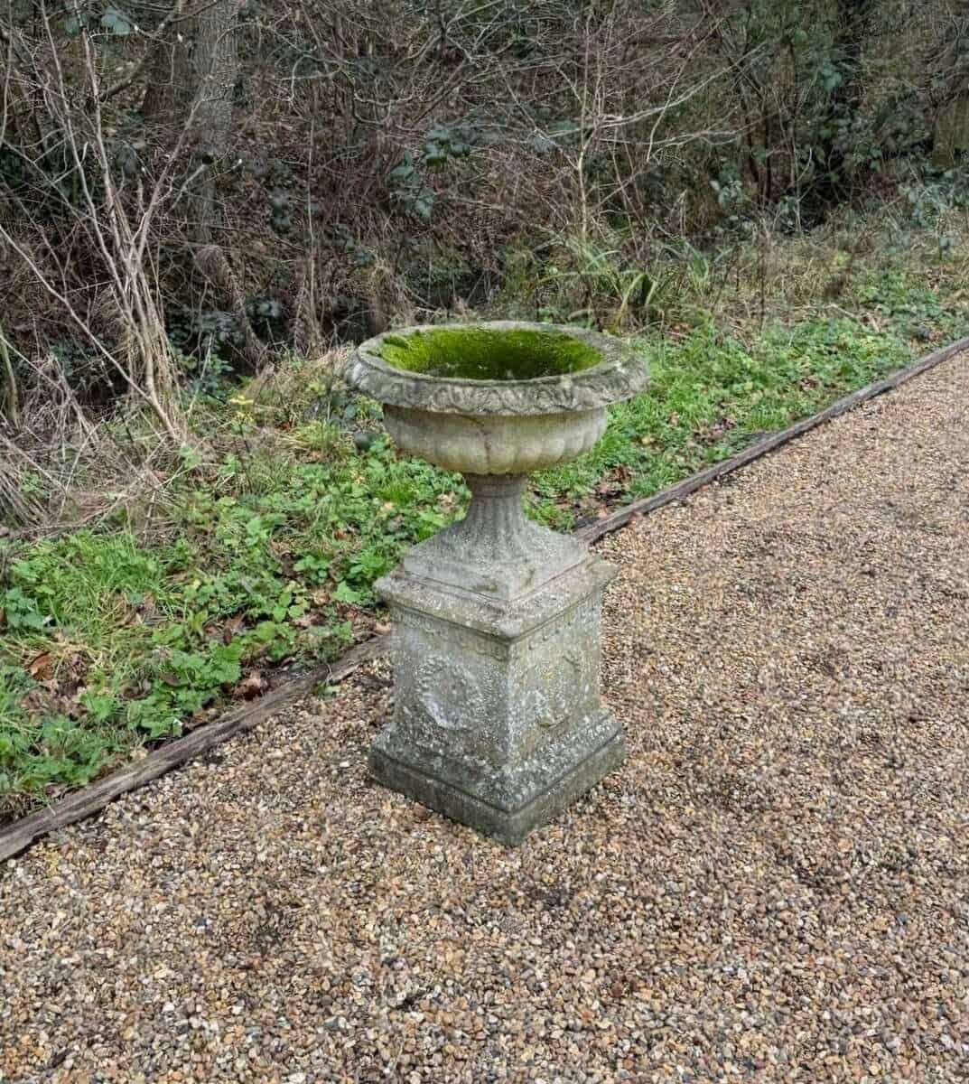 European 20th Century Weathered Stone Garden Urn on Pedestal - JAA