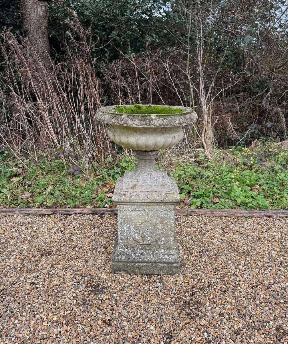 European 20th Century Weathered Stone Garden Urn on Pedestal - JAA