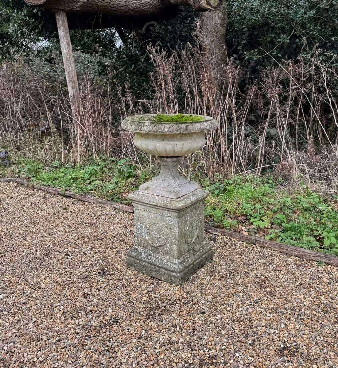 European 20th Century Weathered Stone Garden Urn on Pedestal - JAA