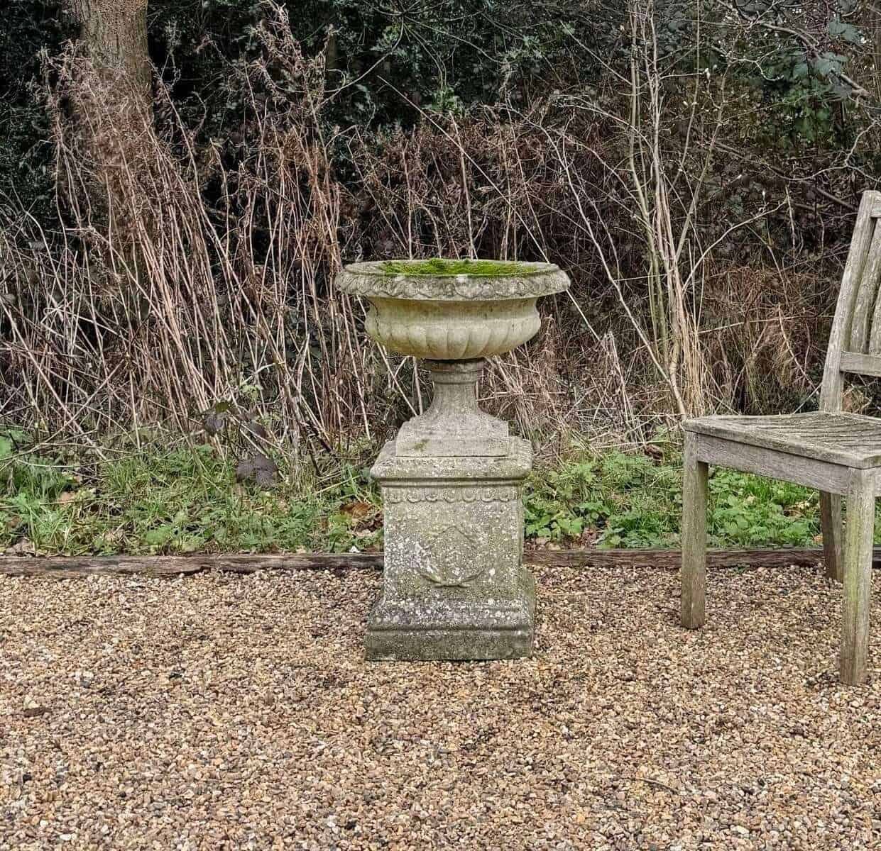 European 20th Century Weathered Stone Garden Urn on Pedestal - JAA