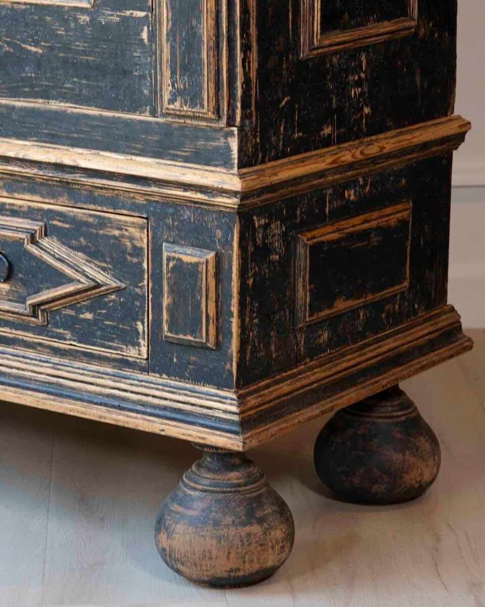 18th Century Baroque Two-Part Cabinet with Black Finish and Blue Interior - JAA