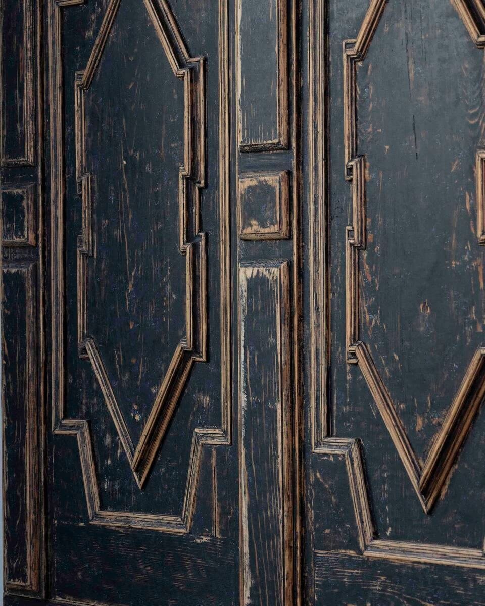 18th Century Baroque Two-Part Cabinet with Black Finish and Blue Interior - JAA