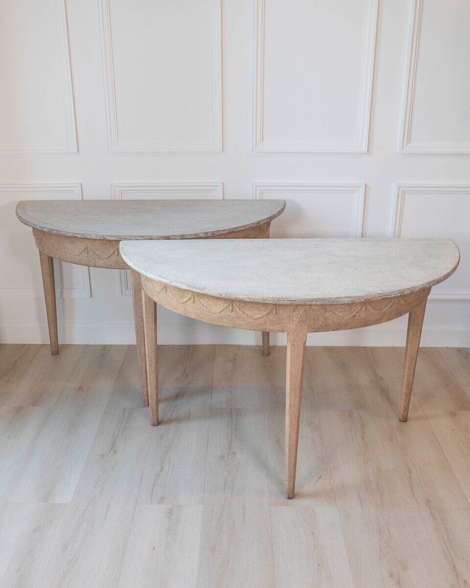 Pair of Swedish Gustavian Demi-Lune Console Tables in Oak, circa 1840–1860 - JAA