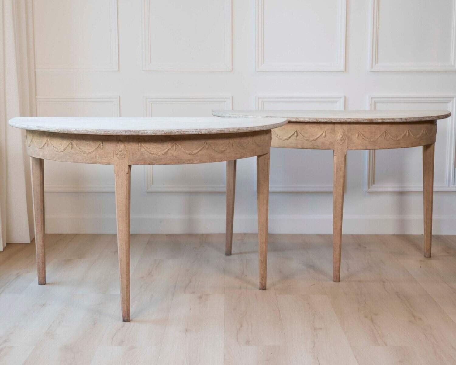 Pair of Swedish Gustavian Demi-Lune Console Tables in Oak, circa 1840–1860 - JAA