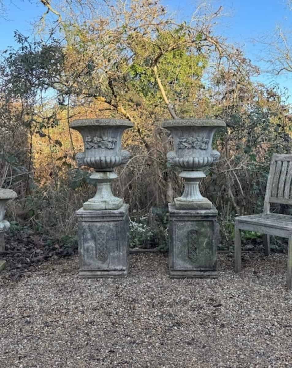 English Late 20th Century Pair of Composite Stone Urns on Pedestals - JAA