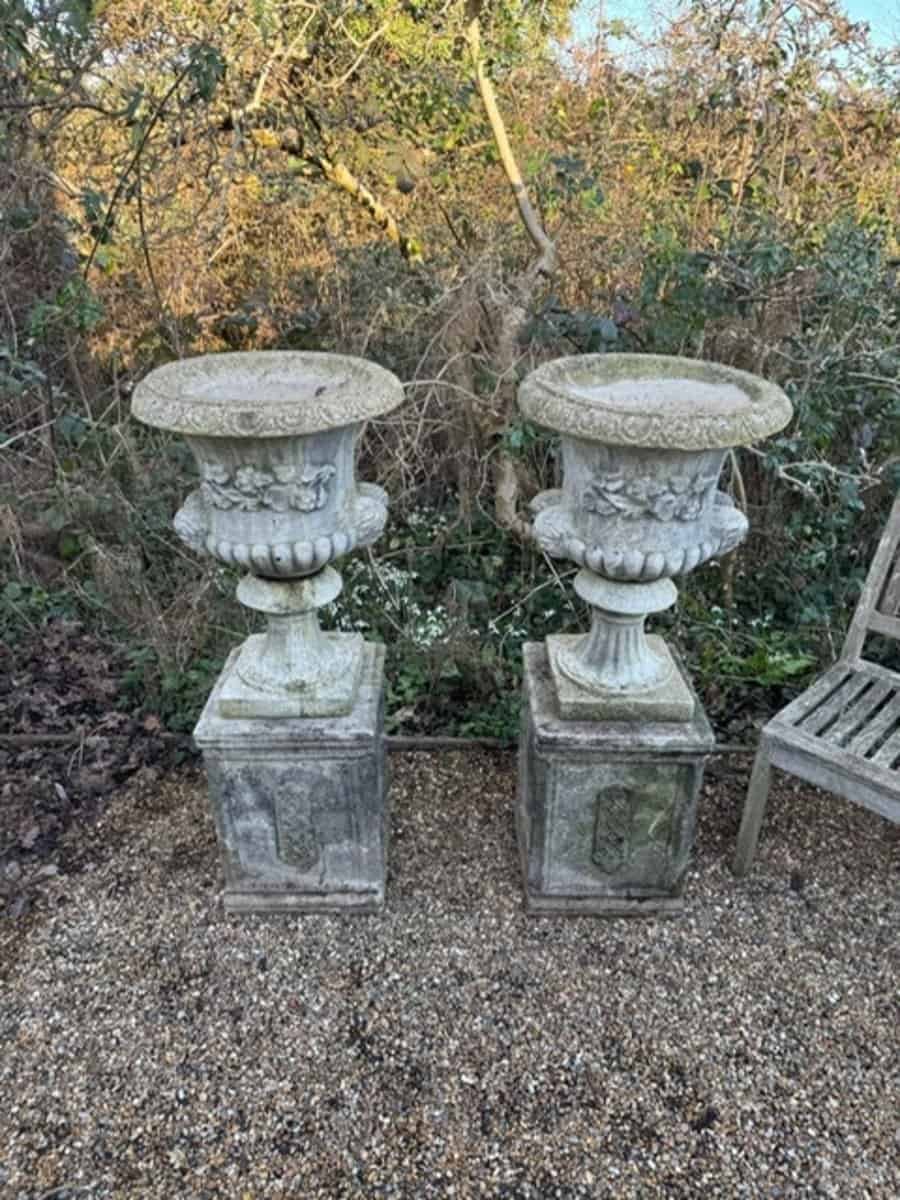 English Late 20th Century Pair of Composite Stone Urns on Pedestals - JAA