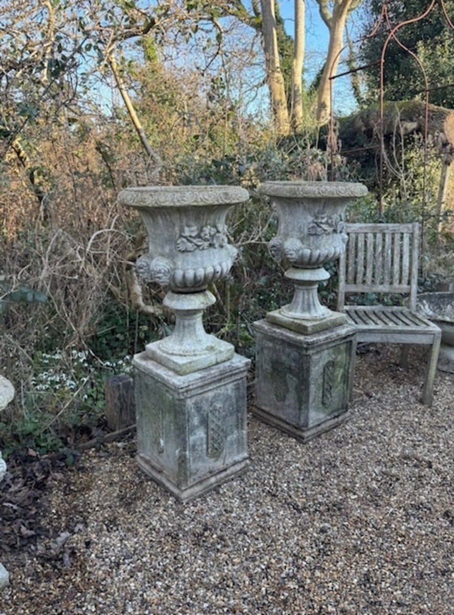 English Late 20th Century Pair of Composite Stone Urns on Pedestals - JAA