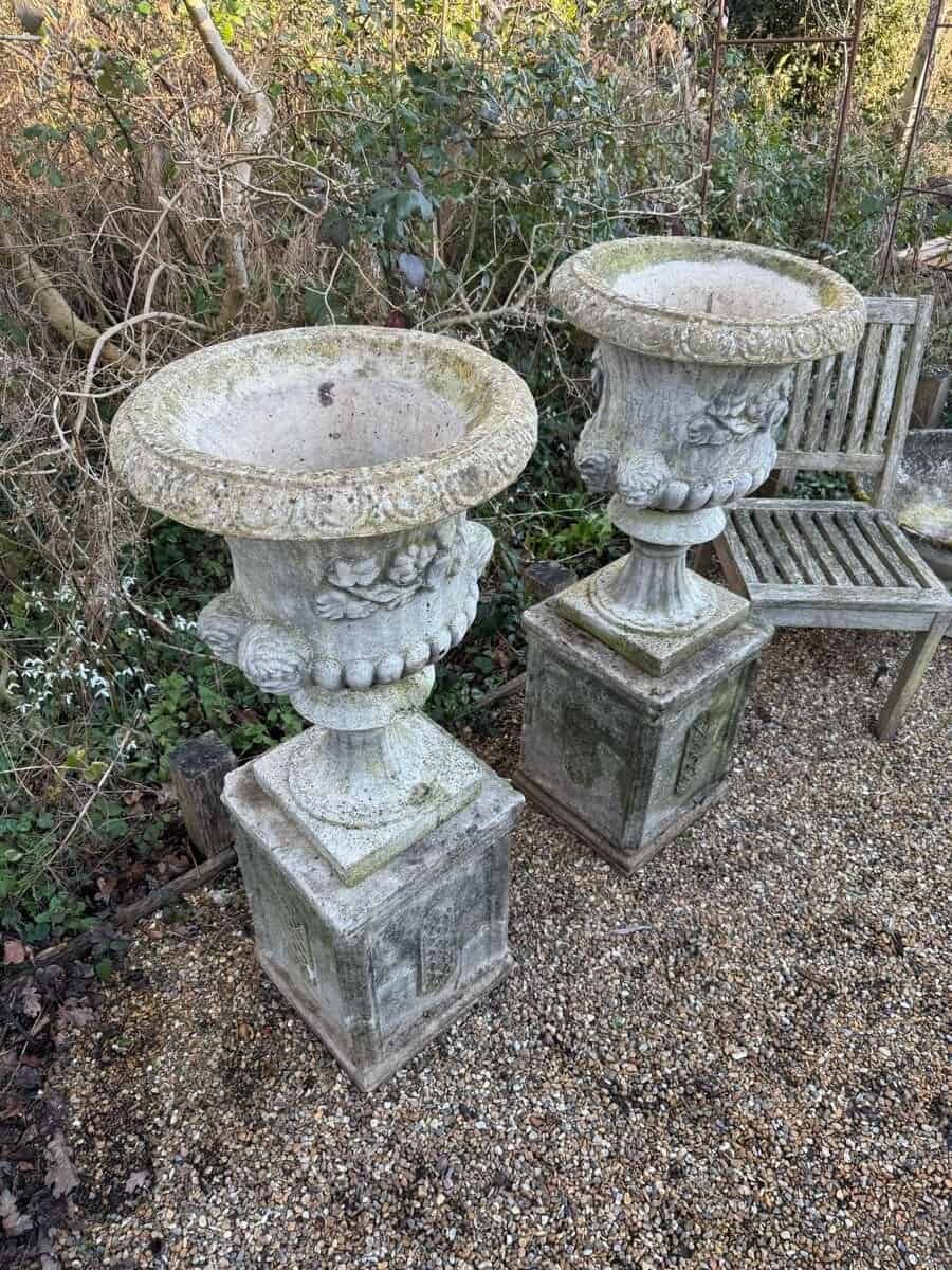 English Late 20th Century Pair of Composite Stone Urns on Pedestals - JAA