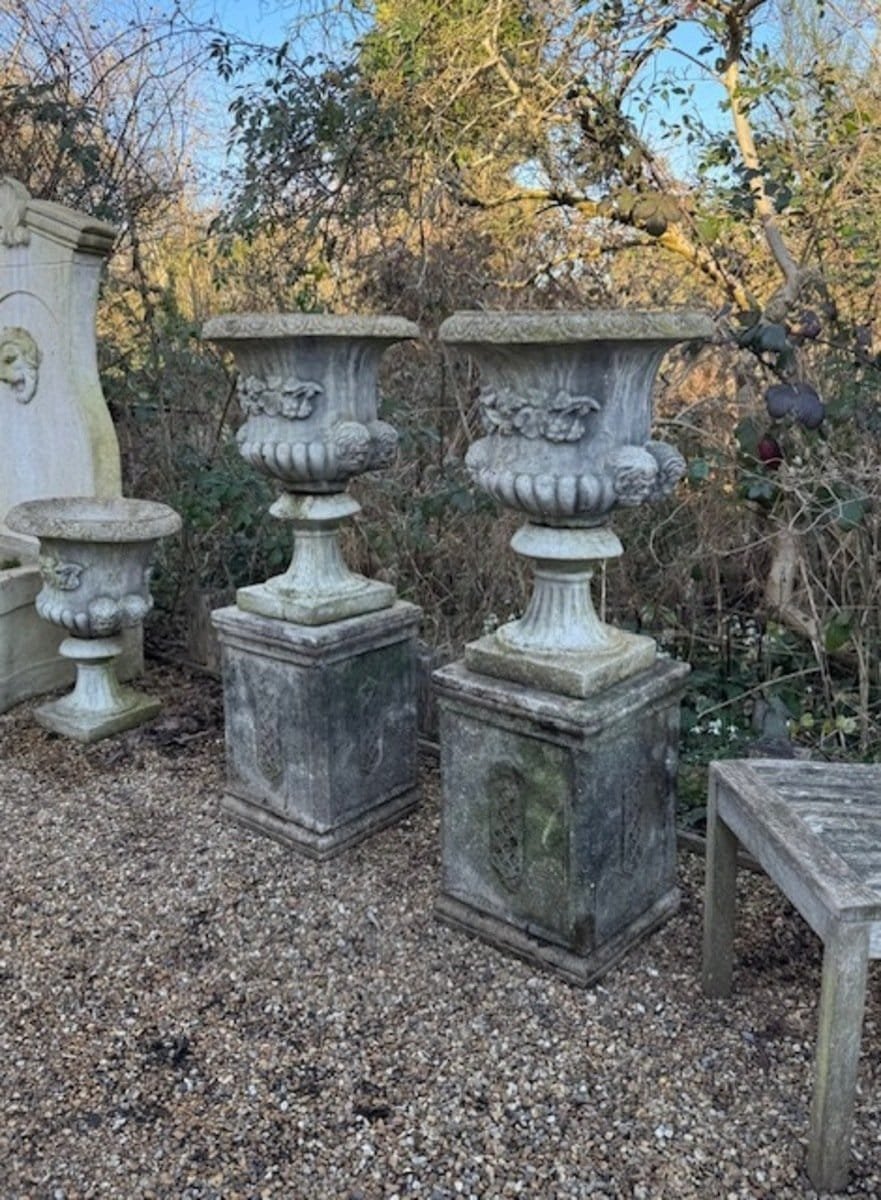 English Late 20th Century Pair of Composite Stone Urns on Pedestals - JAA