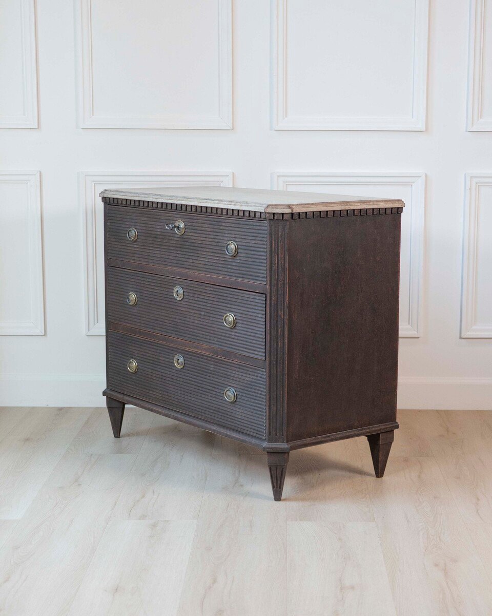 Swedish Gustavian-Inspired Three-Drawer Chest with Painted Top - JAA