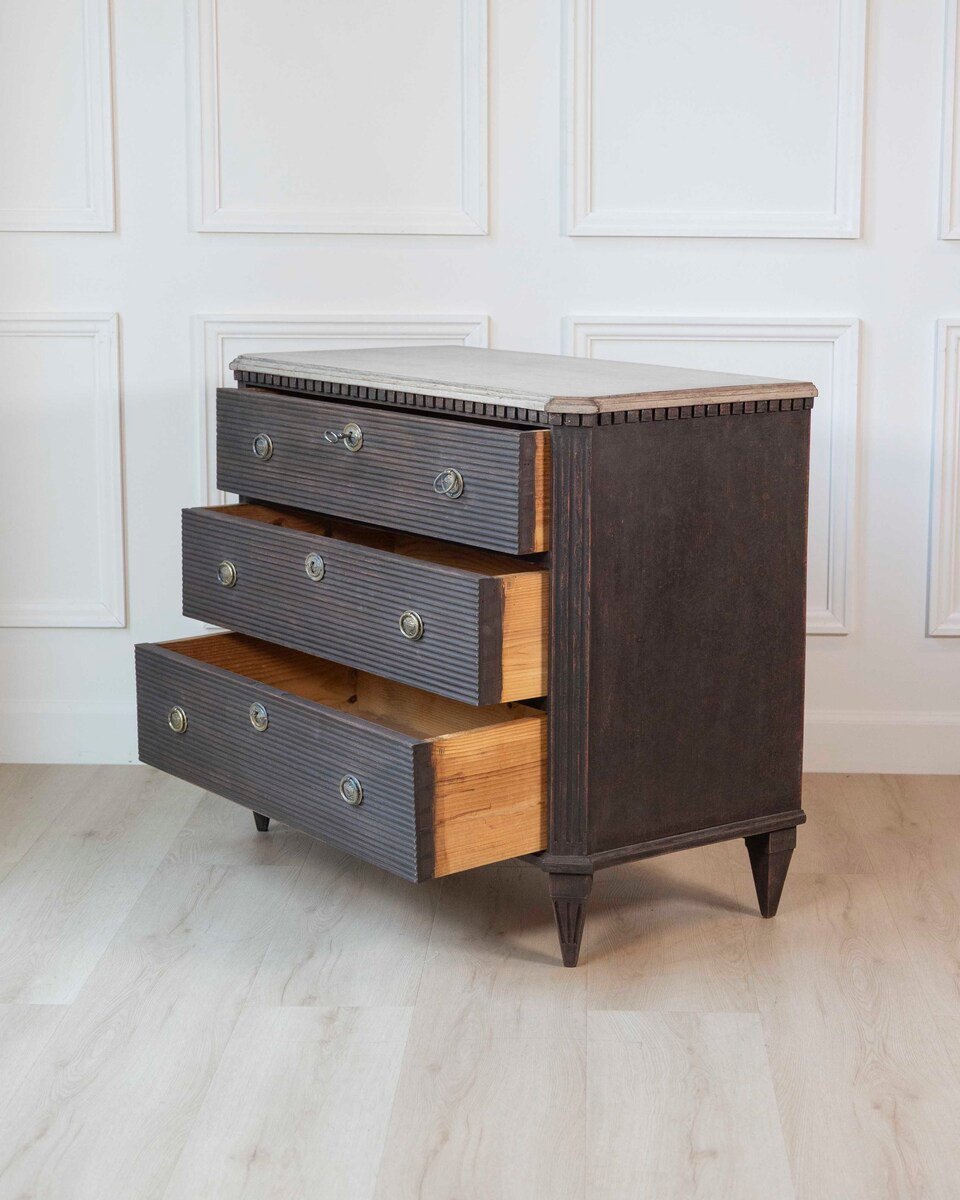 Swedish Gustavian-Inspired Three-Drawer Chest with Painted Top - JAA