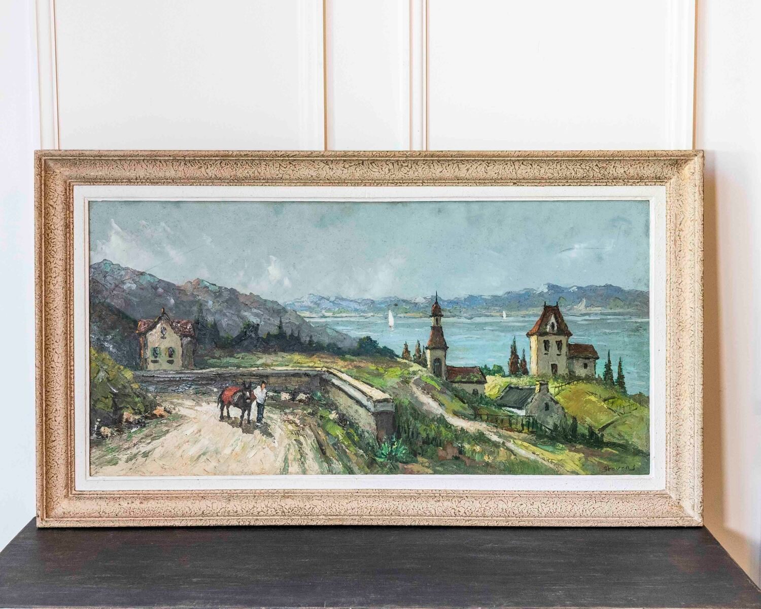 Stevens, Southern European Lakeside Landscape, Oil on Canvas, Mid-20th Century - JAA