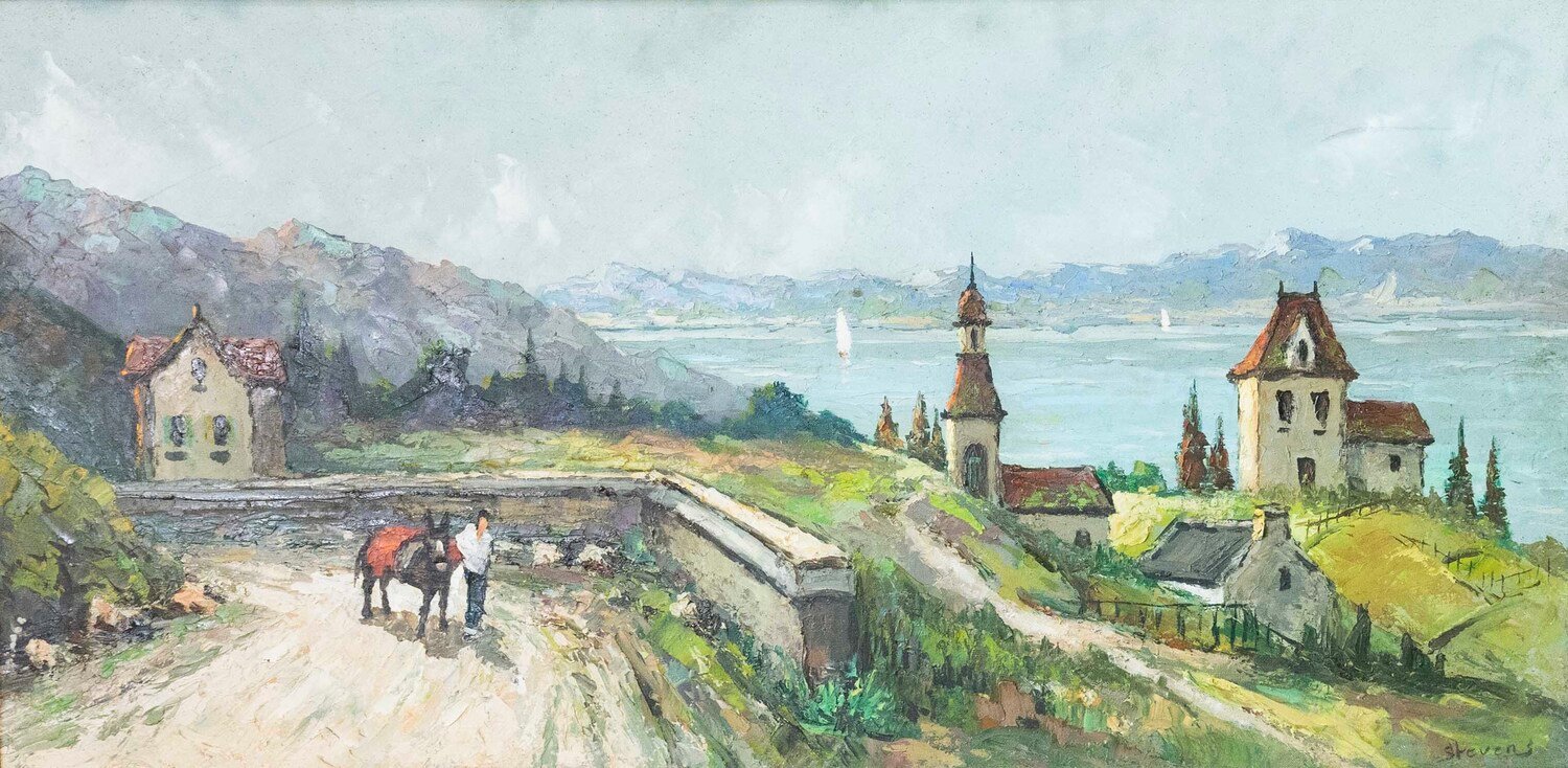 Stevens, Southern European Lakeside Landscape, Oil on Canvas, Mid-20th Century - JAA