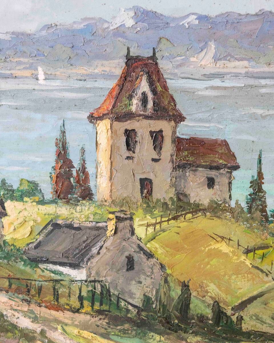 Stevens, Southern European Lakeside Landscape, Oil on Canvas, Mid-20th Century - JAA