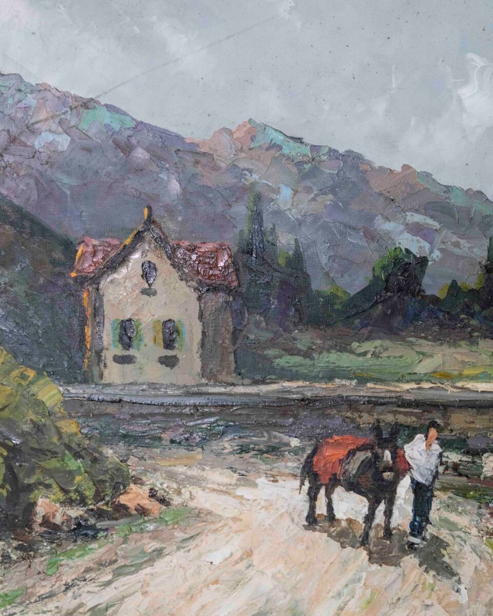 Stevens, Southern European Lakeside Landscape, Oil on Canvas, Mid-20th Century - JAA