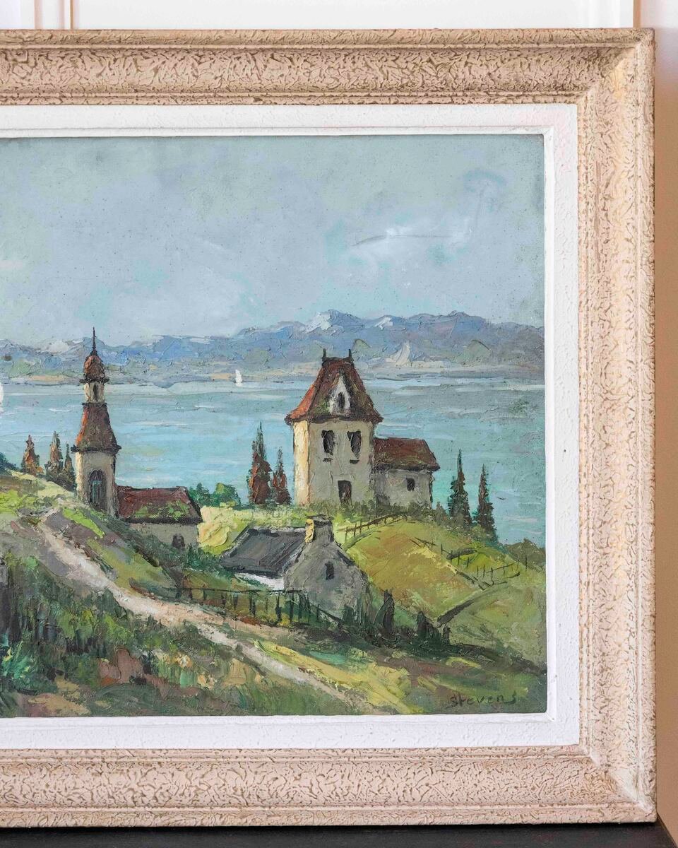 Stevens, Southern European Lakeside Landscape, Oil on Canvas, Mid-20th Century - JAA