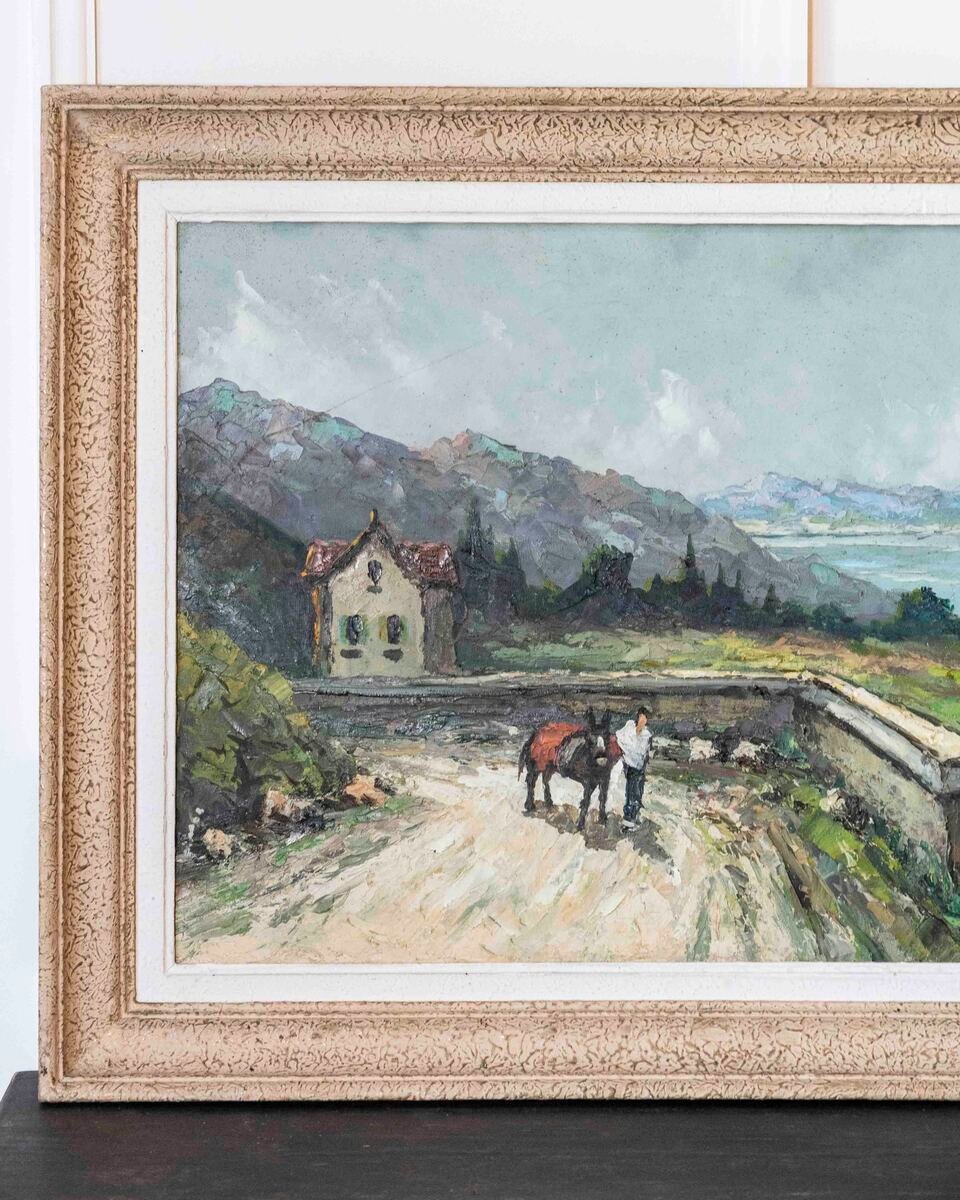 Stevens, Southern European Lakeside Landscape, Oil on Canvas, Mid-20th Century - JAA