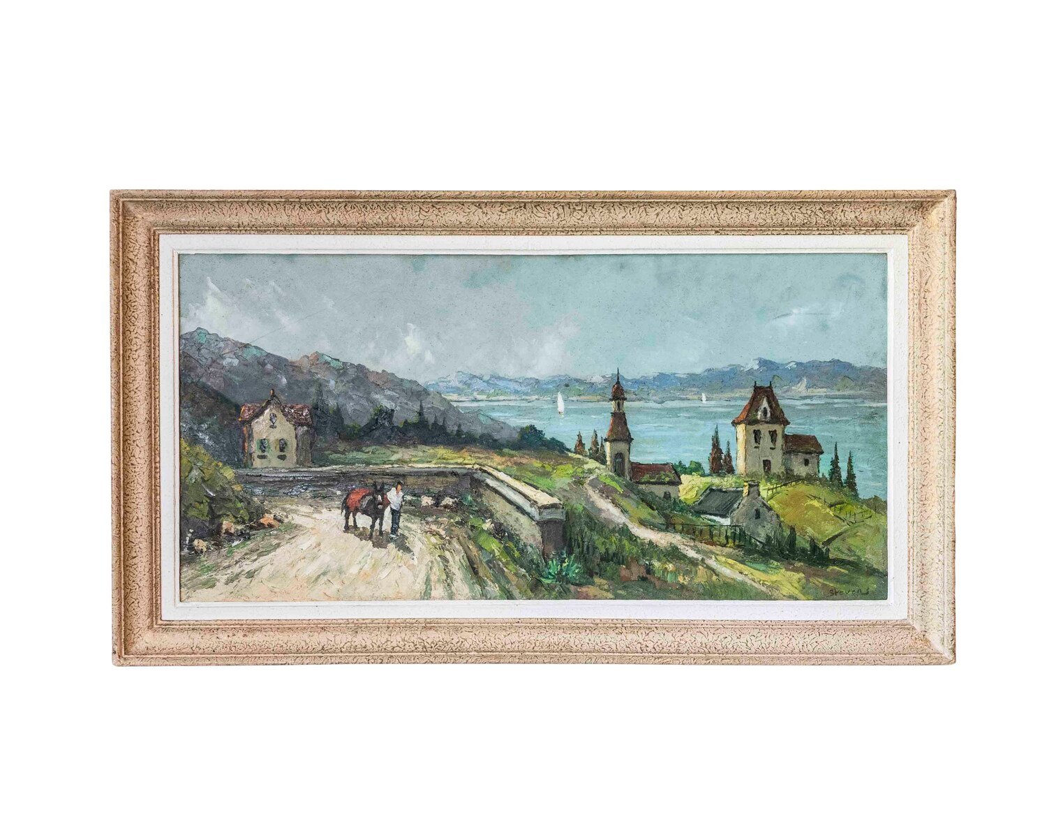Stevens, Southern European Lakeside Landscape, Oil on Canvas, Mid-20th Century