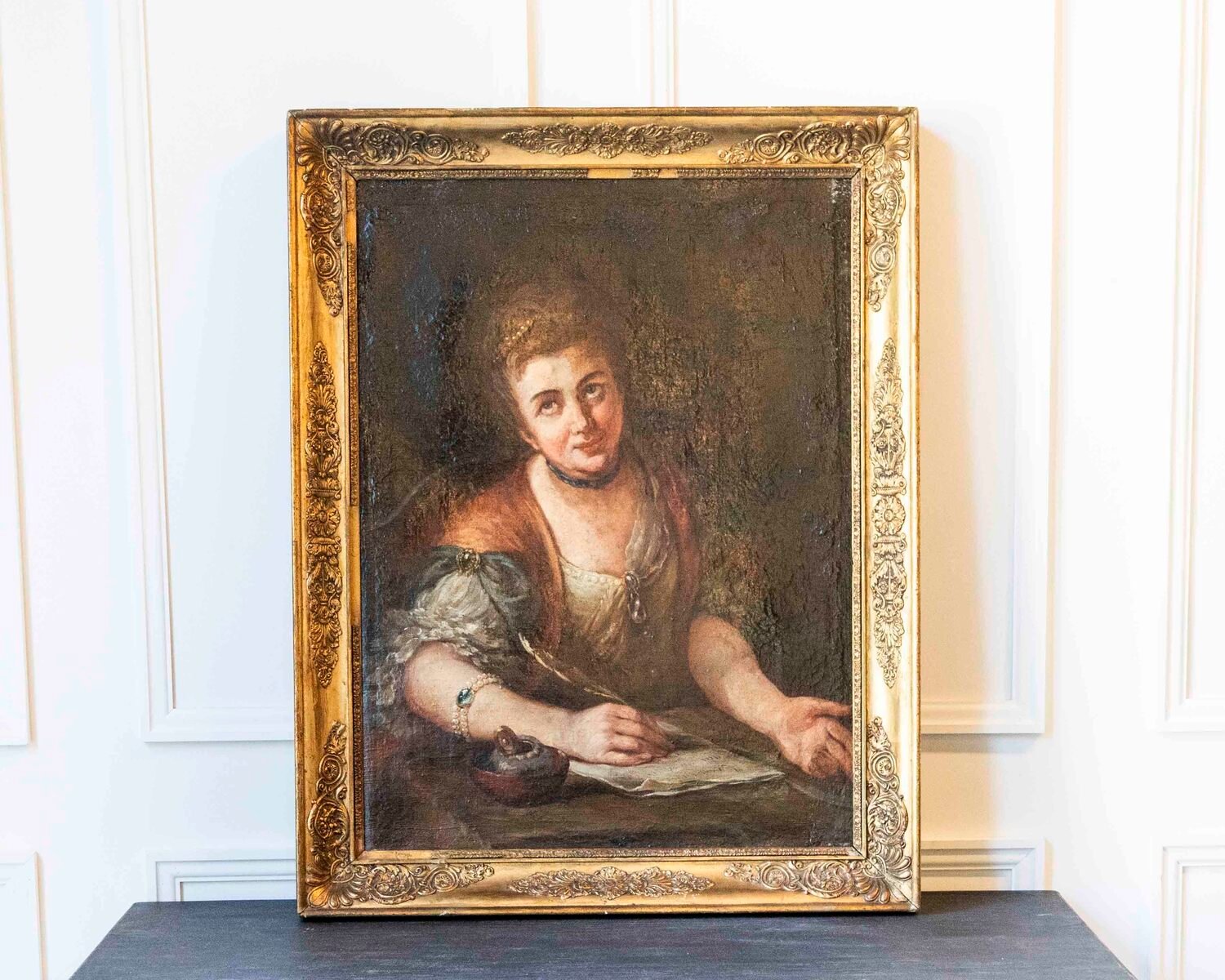 18th Century French School Portrait of a Young Woman Writing, Oil on Canvas - JAA