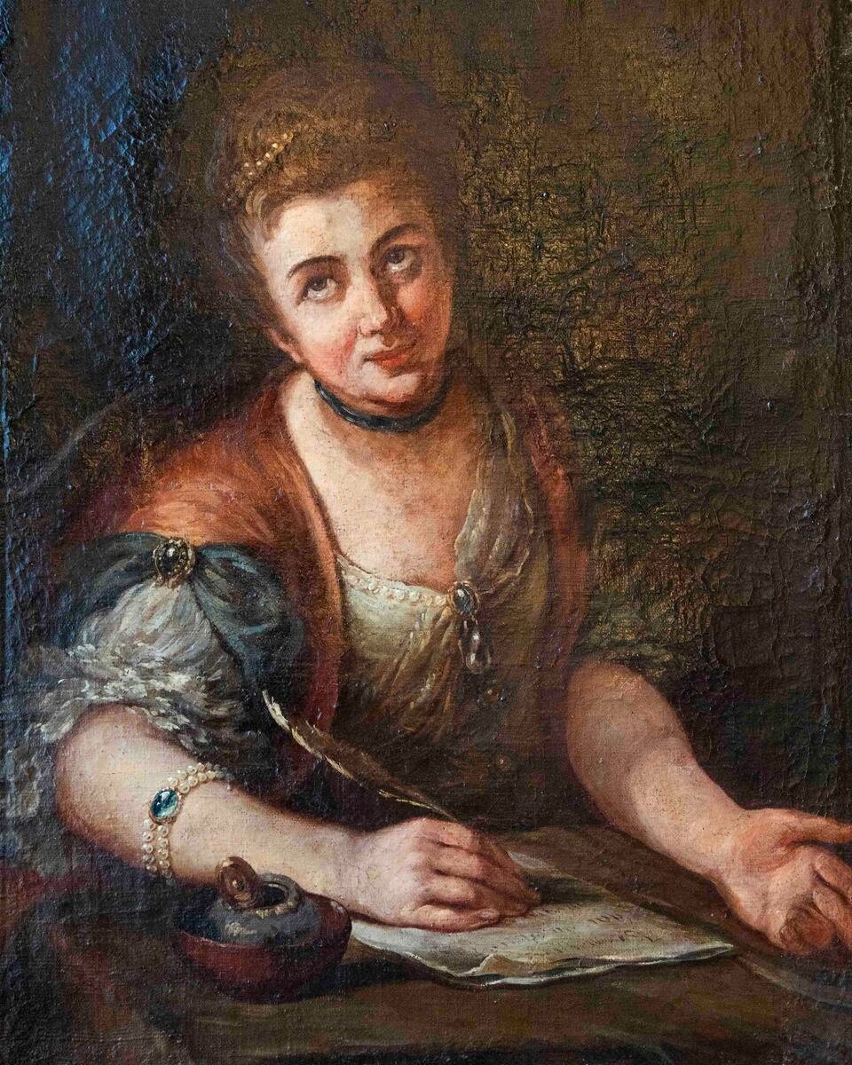 18th Century French School Portrait of a Young Woman Writing, Oil on Canvas - JAA