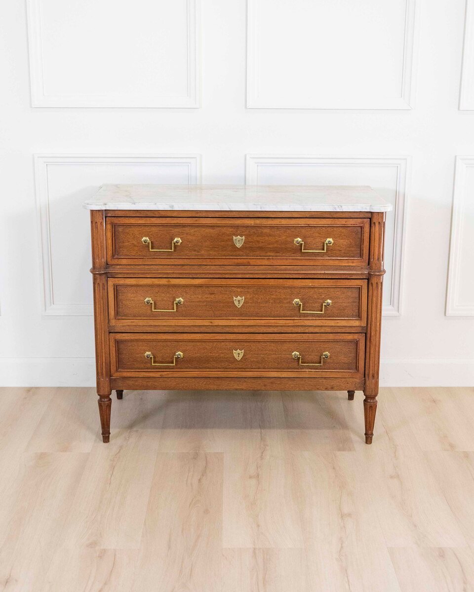 Louis XVI Style Walnut Chest with Marble Top, Late 18th–Early 19th Century - JAA
