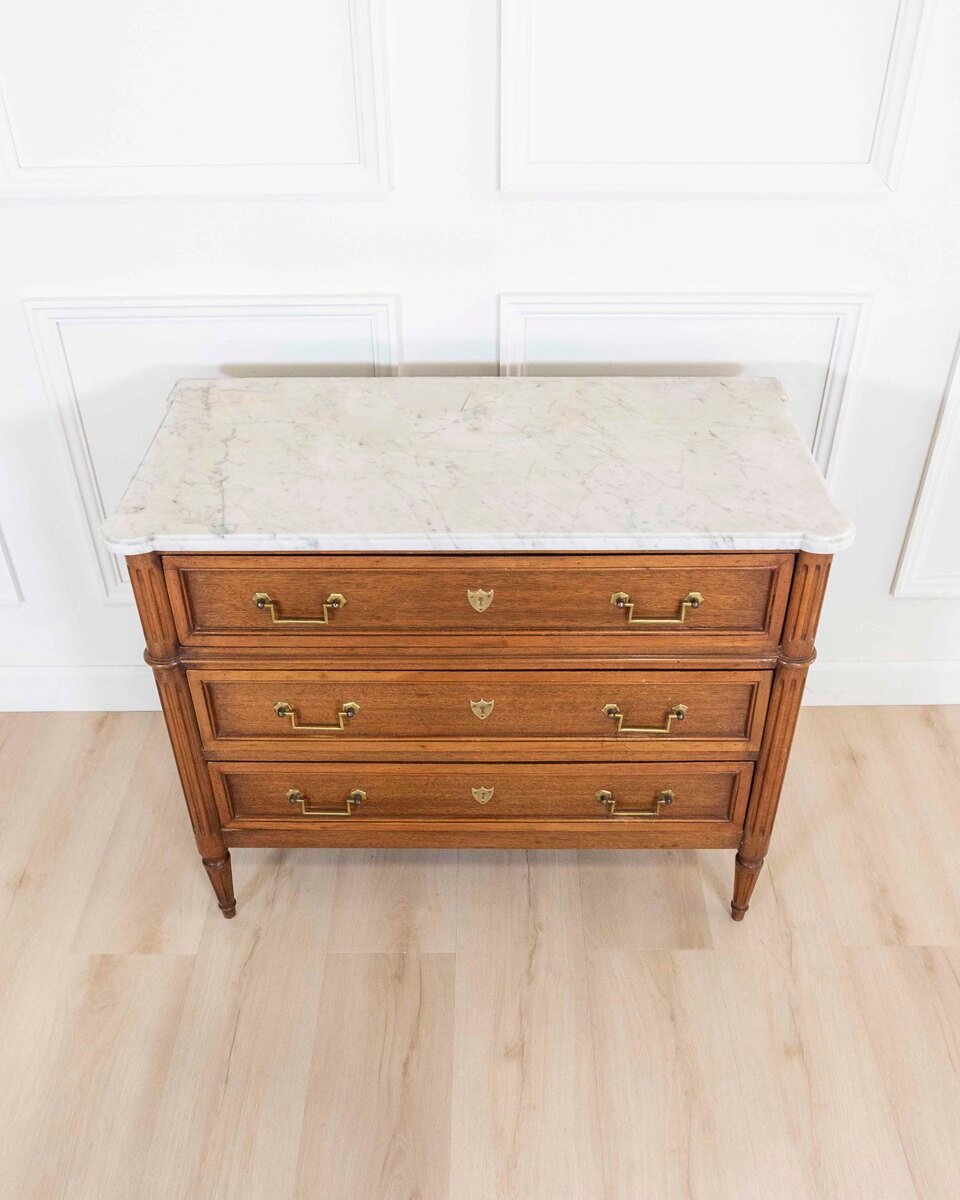 Louis XVI Style Walnut Chest with Marble Top, Late 18th–Early 19th Century - JAA