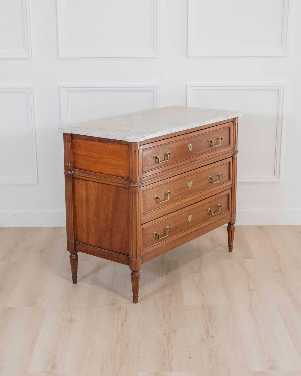 On Hold - Louis XVI Style Walnut Chest with Marble Top, Late 18th–Early 19th Century - JAA